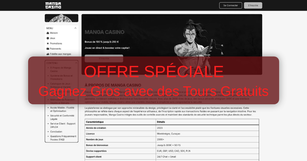 Manga Casino welcome bonus